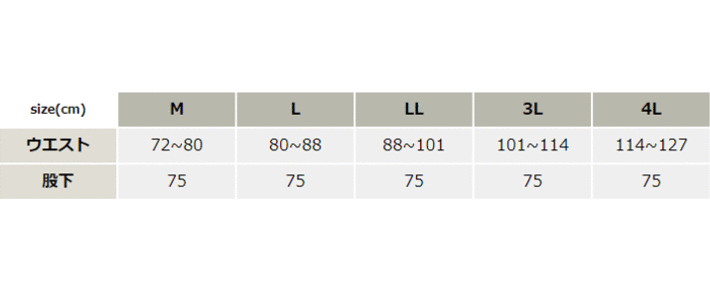 冷凍倉庫用防寒パンツ【BO8006-SUN】 サイズ表