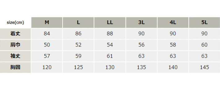 防寒コート【BO850-SUN】 サイズ表