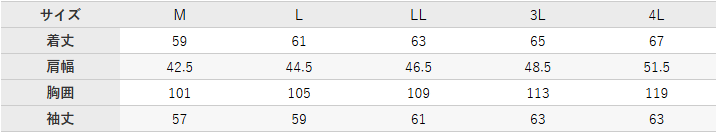 ストレッチデニム長袖ジャンパー【DG426-KRO】 サイズ表