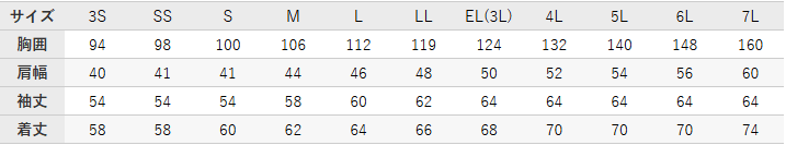 作業服 長袖ジャケット【EBA266-BBO】 サイズ表