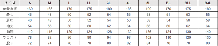 つなぎ 作業服【RO890-MRK】 サイズ表