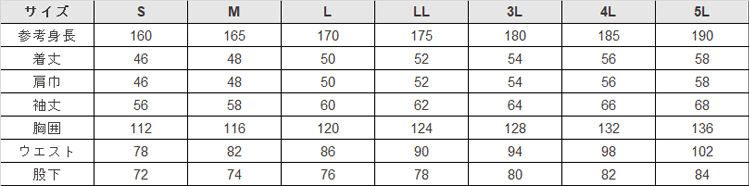 つなぎ 作業服【RO950-MRK】 サイズ表