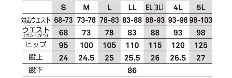 メンズギアパンツ【SW101-BBO】 サイズ表