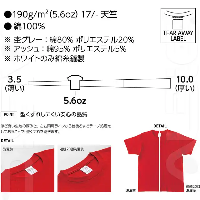 ヘビーウェイトＴシャツ　085CVT-TOMシリーズ　型くずれしにくい　ティア・アウェイラベル