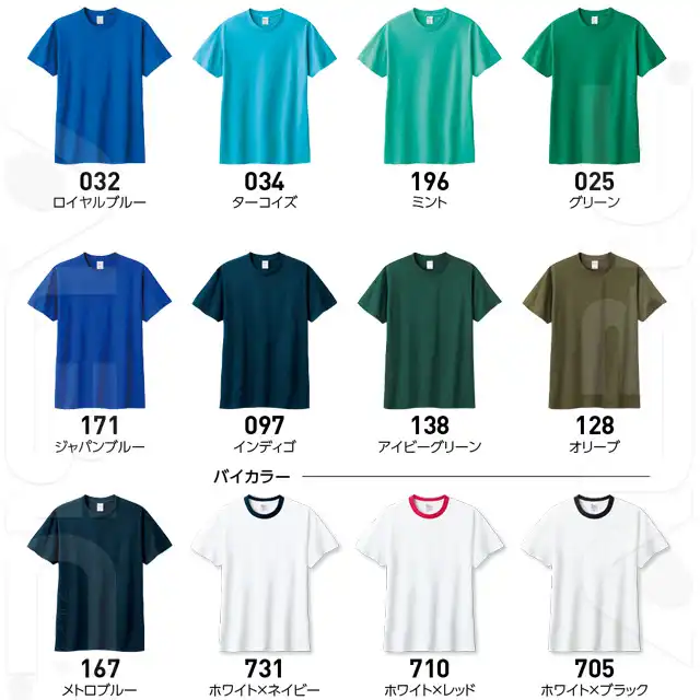 ヘビーウェイトＴシャツ　085CVT-TOMシリーズ　032ロイヤルブルー　034ターコイズ　196ミント　025グリーン　171ジャパンブルー　097インディゴ　138アイビーグリーン　128オリーブ　167メトロブルー　731ホワイト✕ネイビー　710ホワイト✕レッド　705ホワイト✕ブラック