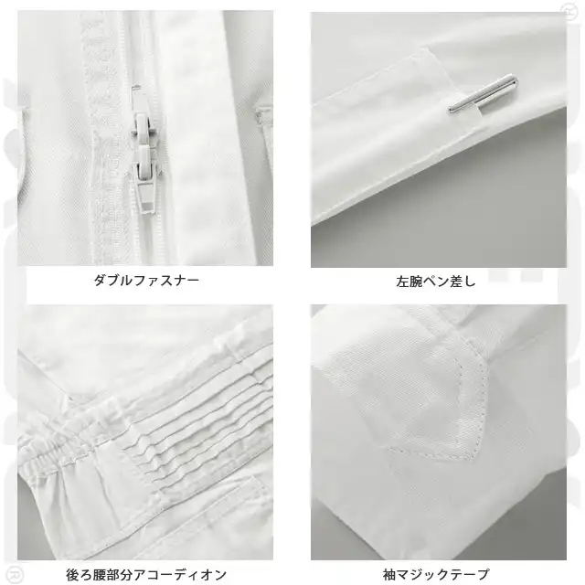 つなぎ 115-1-KRO 特徴2　・ダブルファスナー　・左腕ペン差し　・後ろ腰部分アコーディオン　・袖マジックテープ