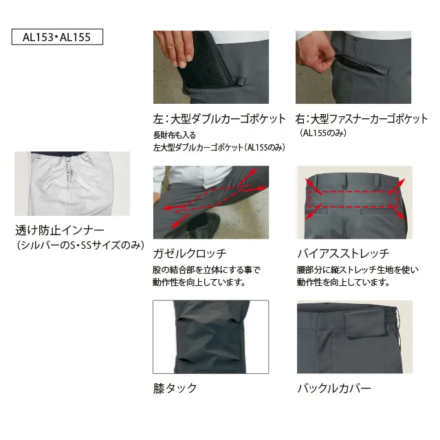作業服 AL15シリーズ　機能紹介　上段左）大型ダブルカーゴポケット　上段右）大型ファスナーカーゴポケット　中段左）透け防止インナー　中段真ん中）ガゼルクロッチ　中段右）バイアスストレッチ　下段左）膝タック　下段右)バックルカバー