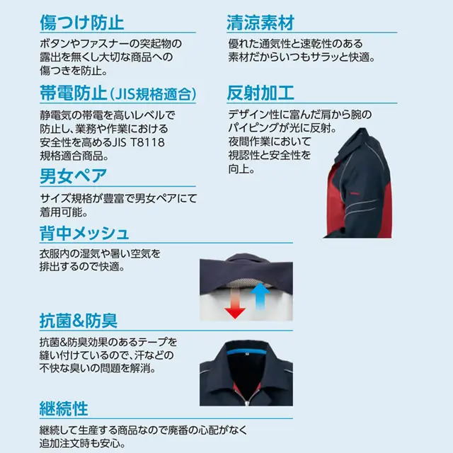 AL710-MRJ シリーズ　機能説明　・傷付け防止　・帯電防止(JIS規格適合)　・男女ペア　・背中メッシュ　・抗菌＆防臭　・継続性　・清涼素材　・反射加工