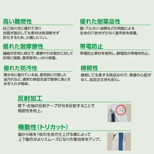 作業服 難燃 AL99-MRJシリーズ 素材特徴 ・高い難燃性 ・優れた耐薬品性 ・優れた耐摩耗性 ・帯電防止 ・優れた防汚性 ・継続性 ・反射加工 ・機動性(トリカット)