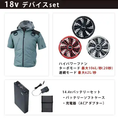 ジーベック　空調服（R）遮熱ハーネス半袖ブルゾン（フード付） 18vセット
